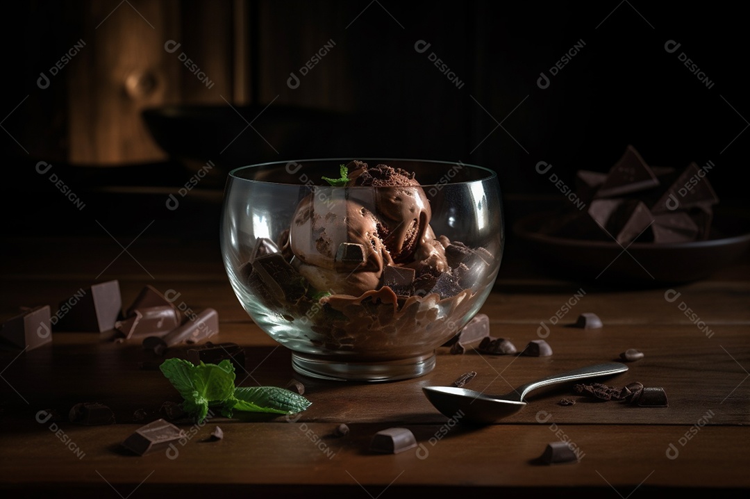 Sorvete de chocolate gourmet na tigela de vidro na mesa de sorveteria. Madeira rústica. sobremesa congelada. vista frontal