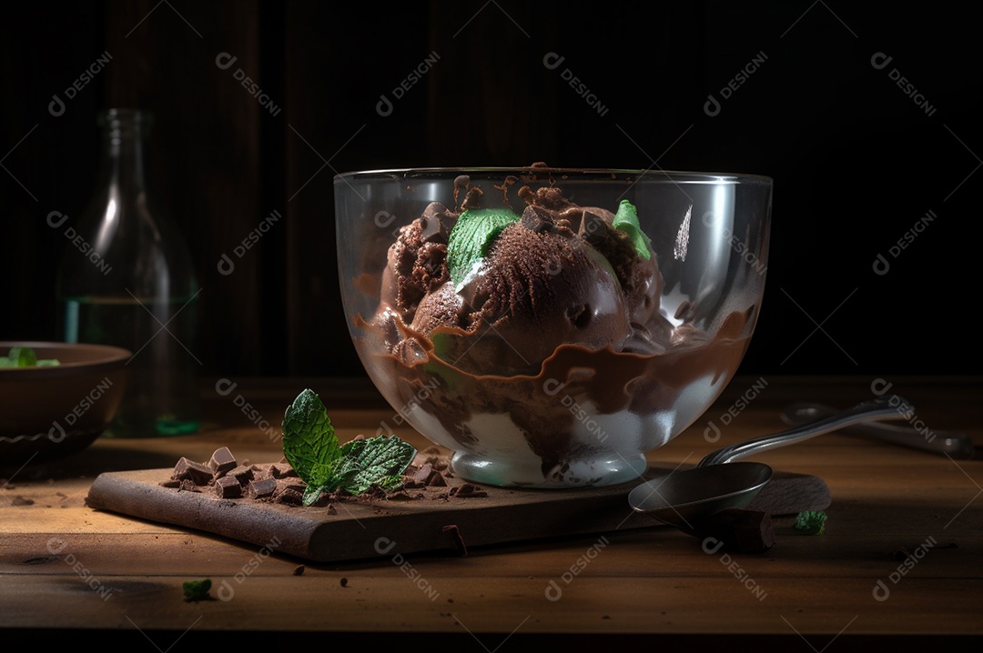 Sorvete de chocolate gourmet na tigela de vidro na mesa de sorveteria. Madeira rústica. sobremesa congelada. vista frontal