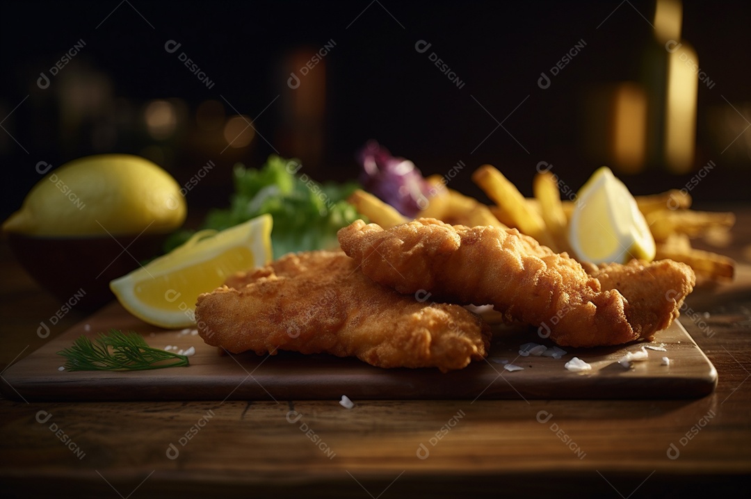 Tiras de peixe frito crocante com batatas fritas na mesa de madeira rústica