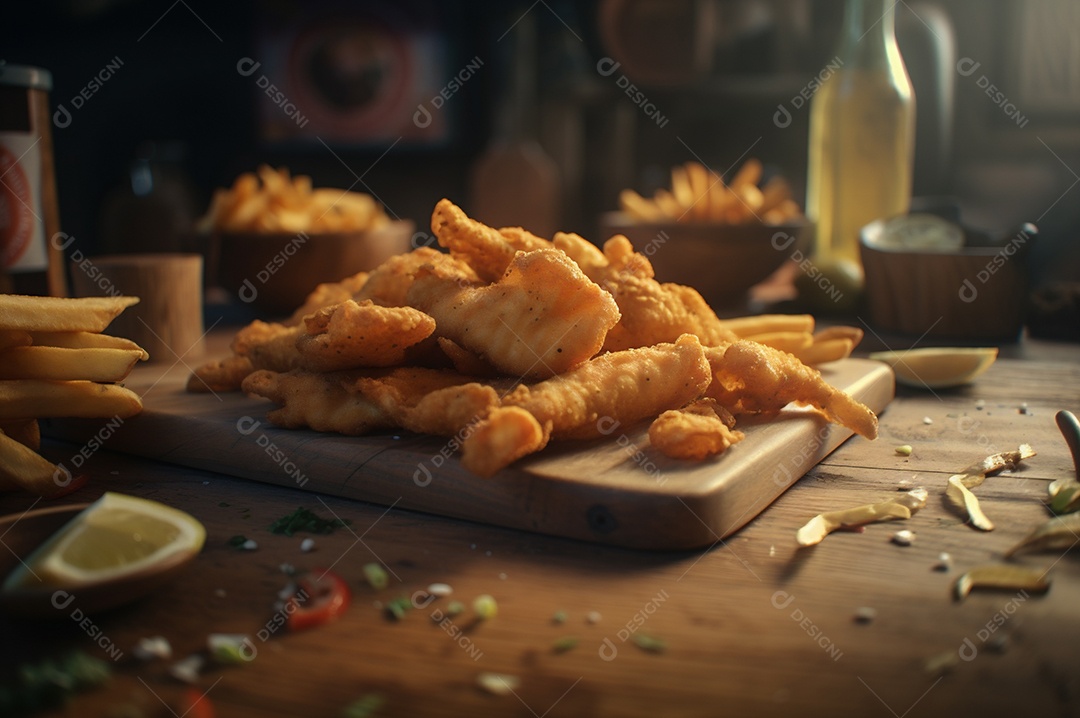 Tiras de peixe frito crocante com batatas fritas na mesa de madeira rústica