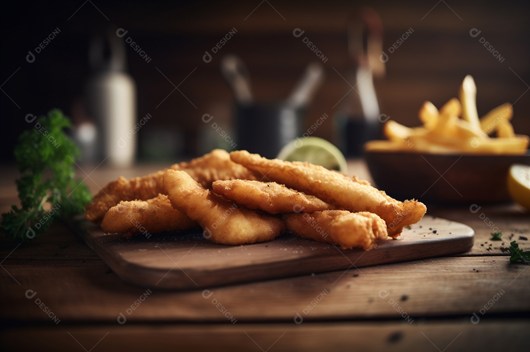Tiras de peixe frito crocante com batatas fritas na mesa de madeira rústica
