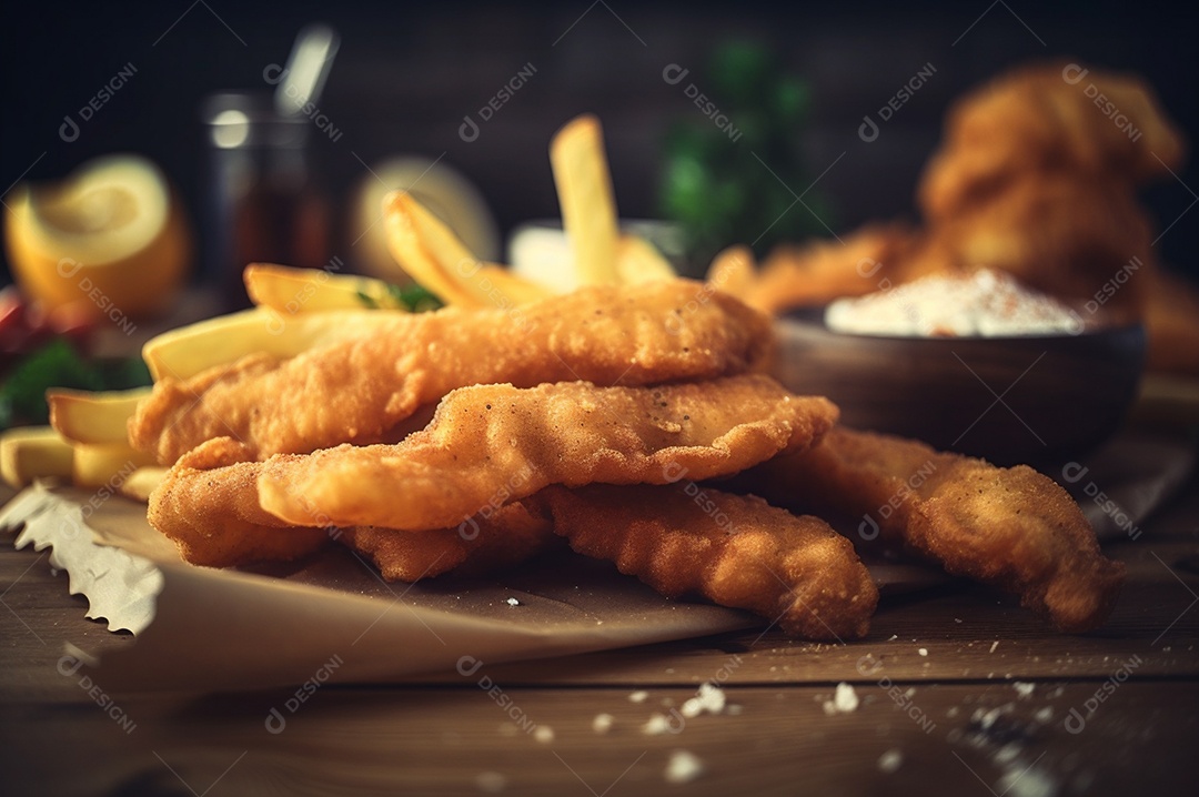Tiras de peixe frito crocante com batatas fritas na mesa de madeira rústica