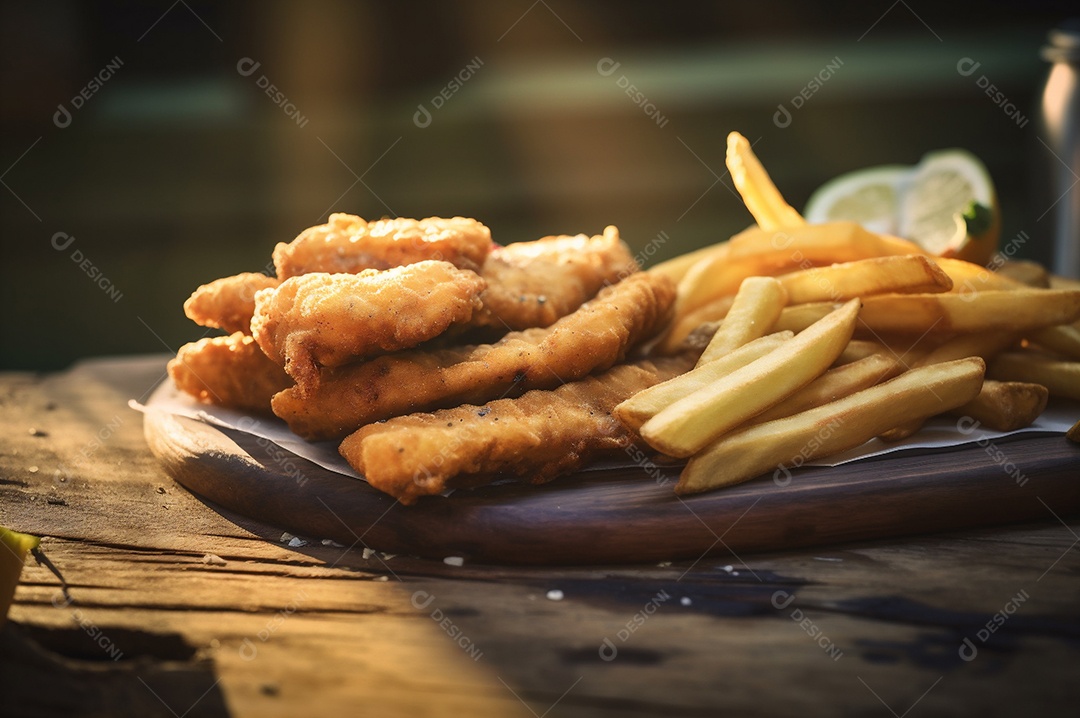 Tiras de peixe frito crocante com batatas fritas na mesa de madeira rústica