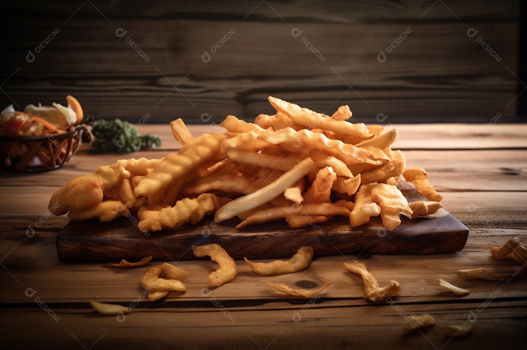 Tiras de peixe frito crocante com batatas fritas na mesa de madeira rústica