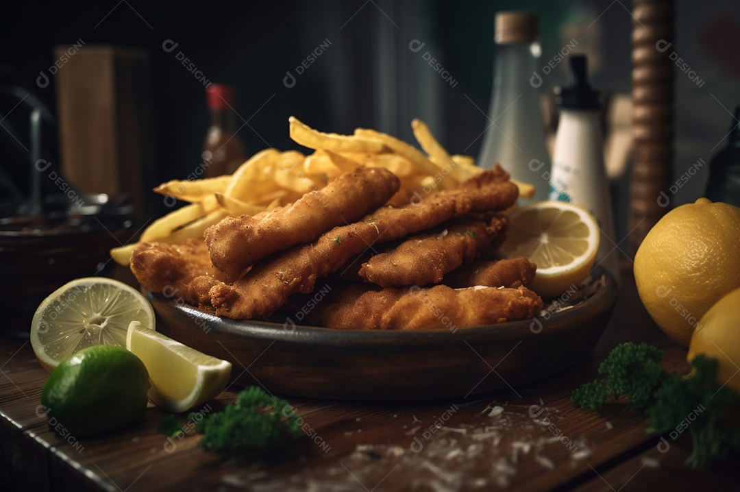 Tiras de peixe frito crocante com batatas fritas na mesa de madeira rústica