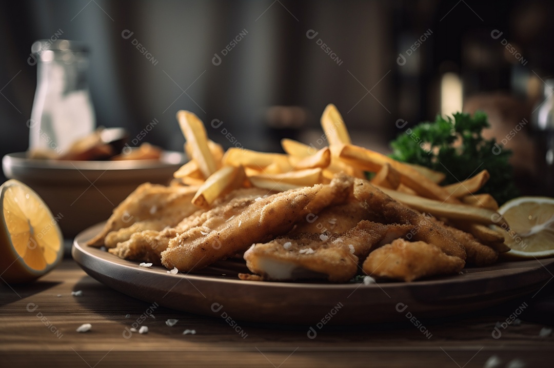 Tiras de peixe frito crocante com batatas fritas na mesa de madeira rústica