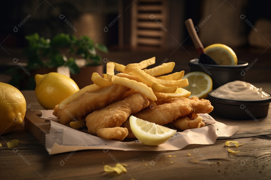 Tiras de peixe frito crocante com batatas fritas na mesa de madeira rústica