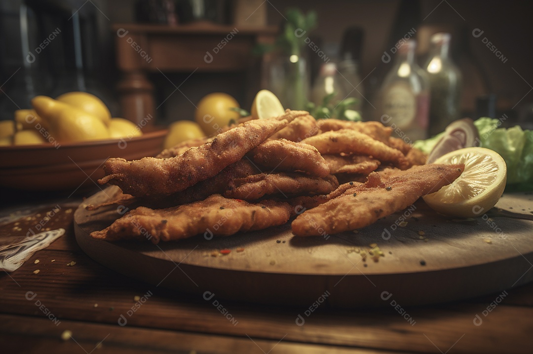 Tiras de peixe frito crocante com batatas fritas na mesa de madeira rústica