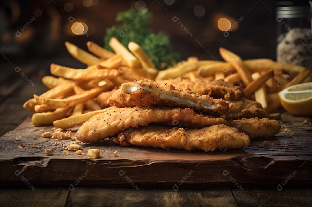 Tiras de peixe frito crocante com batatas fritas na mesa de madeira rústica