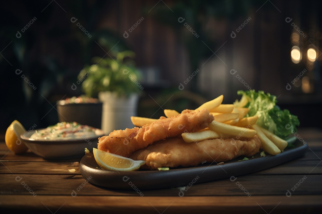 Tiras de peixe frito crocante com batatas fritas na mesa de madeira rústica