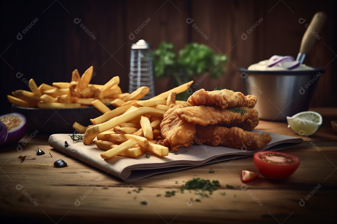 Tiras de peixe frito crocante com batatas fritas na mesa de madeira rústica
