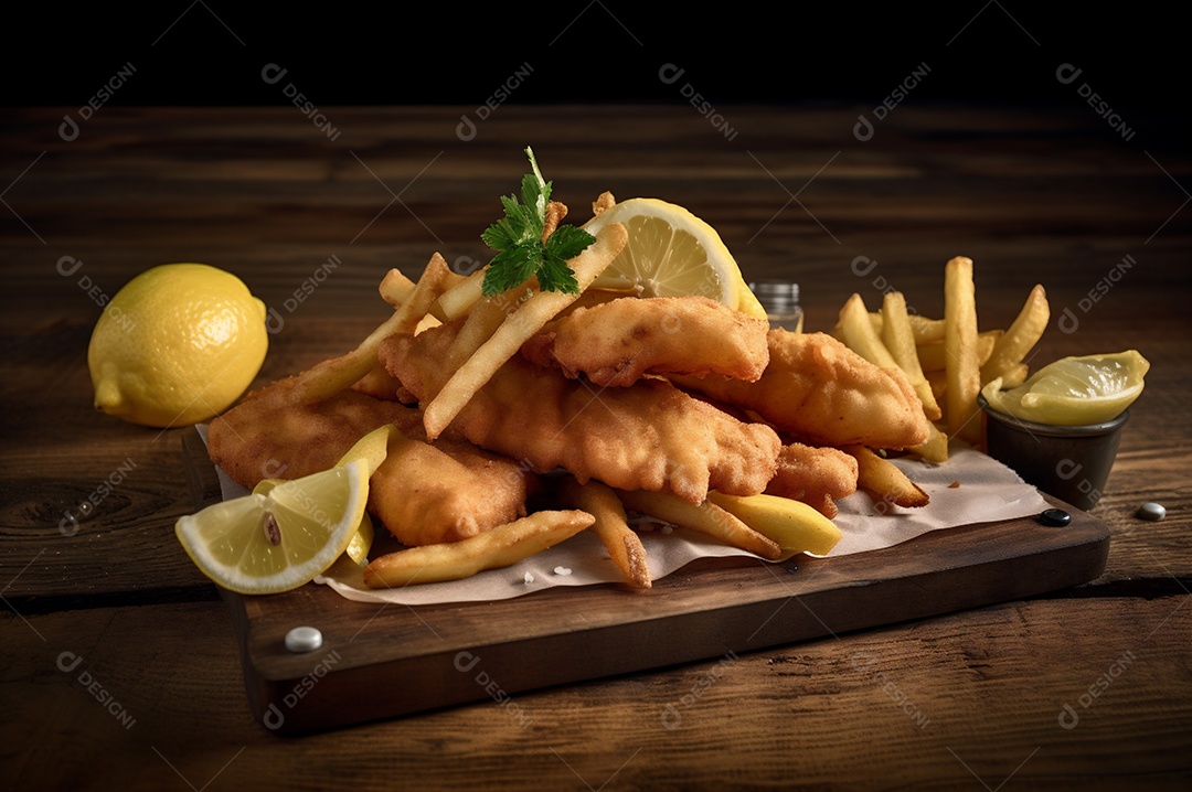 Tiras de peixe frito crocante com batatas fritas na mesa de madeira rústica