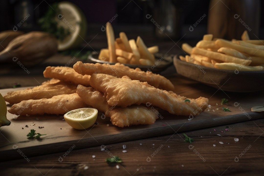 Tiras de peixe frito crocante com batatas fritas na mesa de madeira rústica