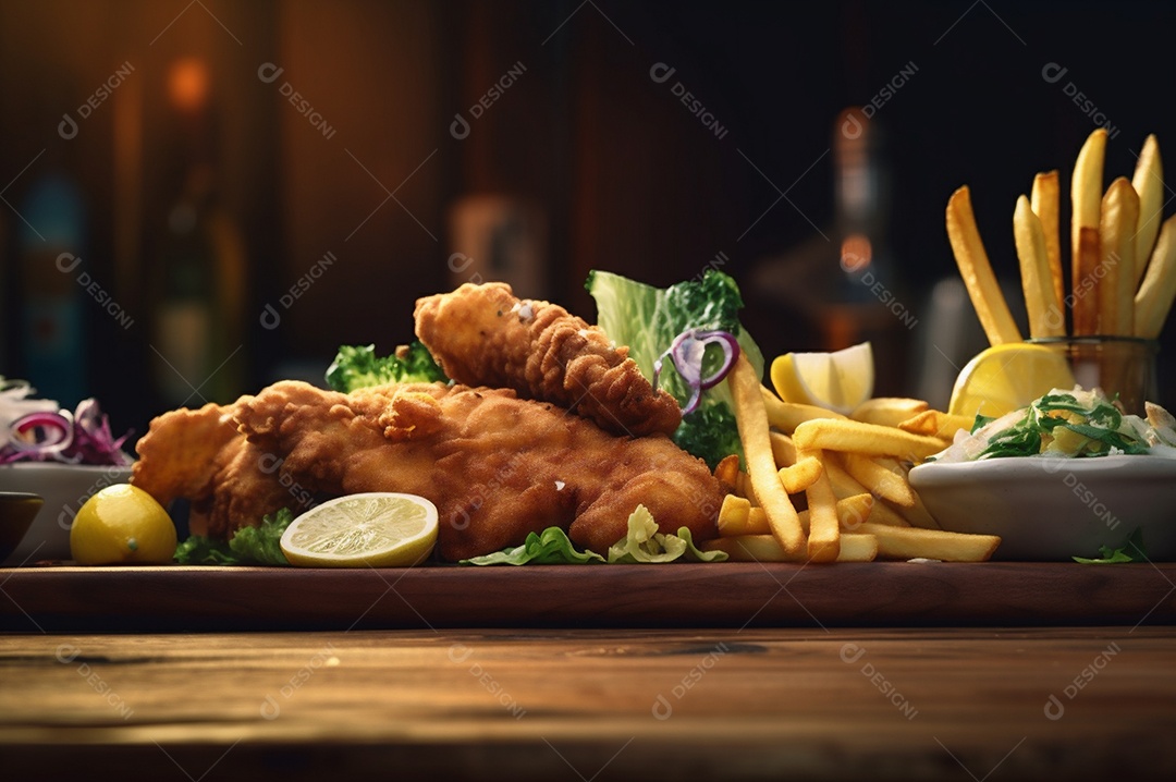 Tiras de peixe frito crocante com batatas fritas na mesa de madeira rústica