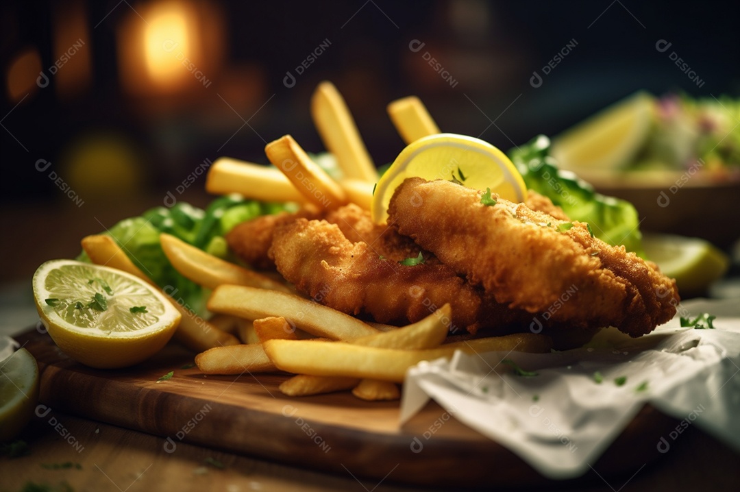 Tiras de peixe frito crocante com batatas fritas na mesa de madeira rústica