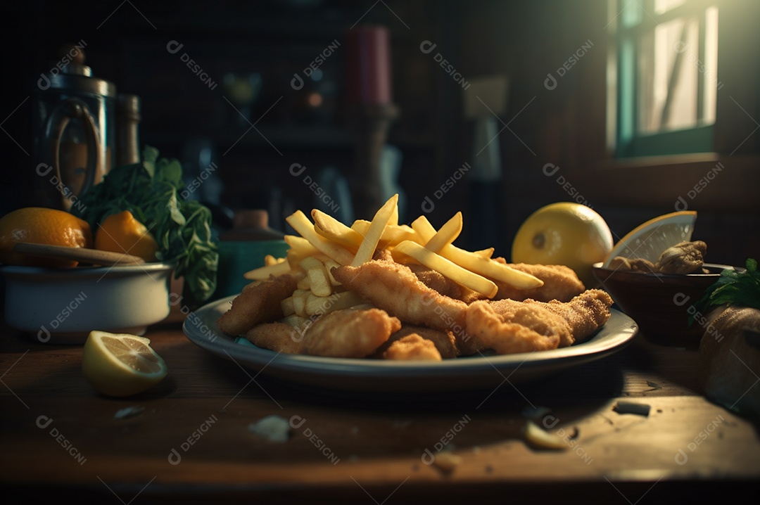 Tiras de peixe frito crocante com batatas fritas na mesa de madeira rústica