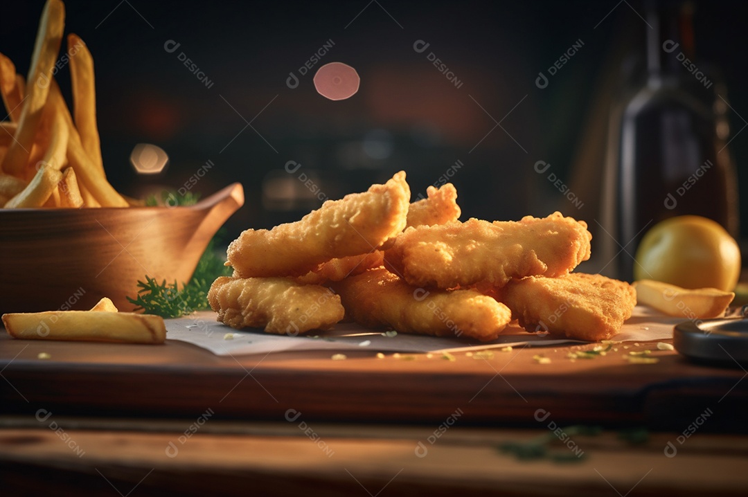 Tiras de peixe frito crocante com batatas fritas na mesa de madeira rústica