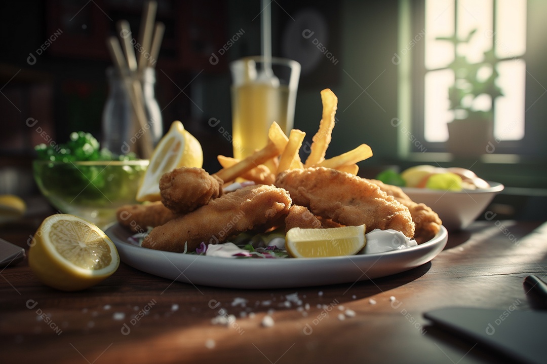 Tiras de peixe frito crocante com batatas fritas na mesa de madeira rústica
