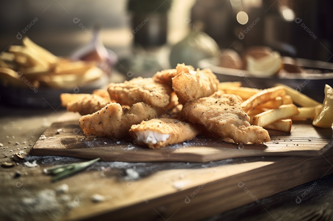 Tiras de peixe frito crocante com batatas fritas na mesa de madeira rústica