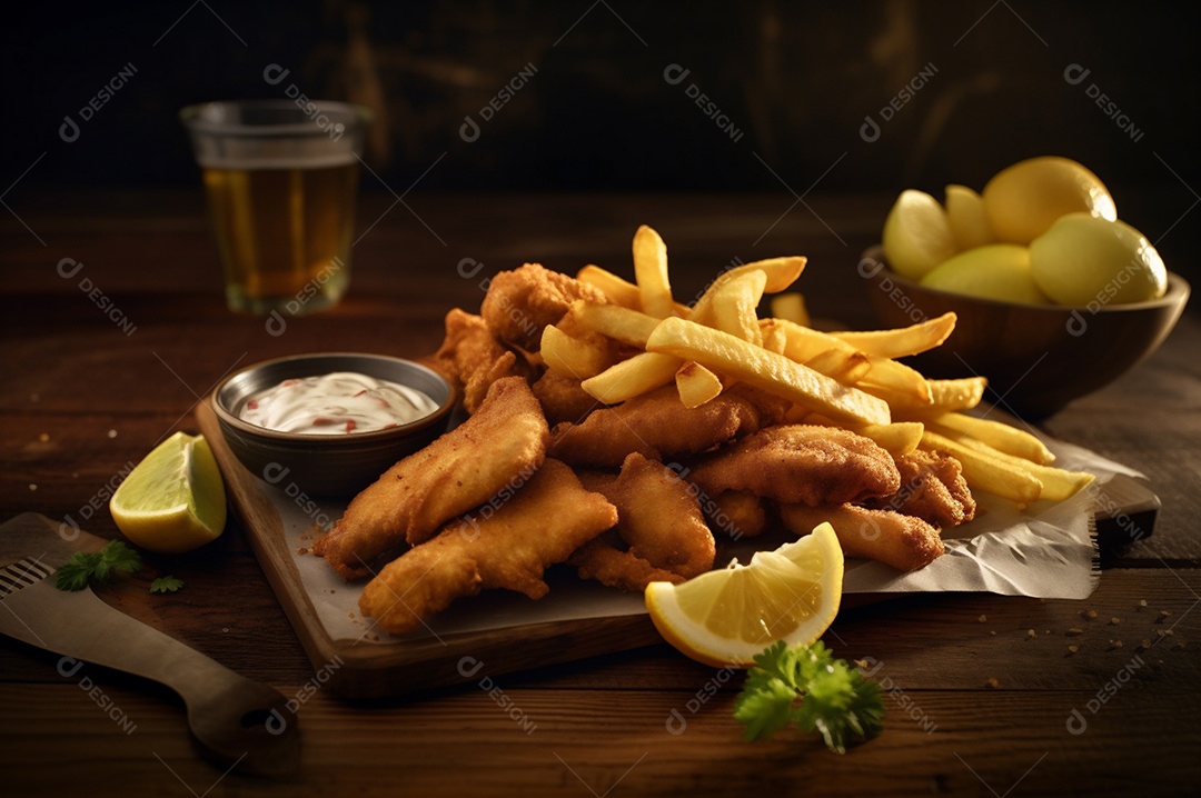 Tiras de peixe frito crocante com batatas fritas na mesa de madeira rústica