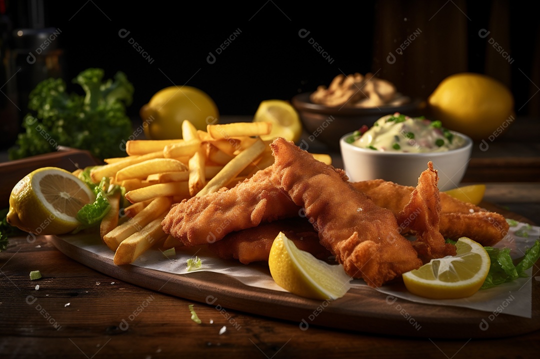 Tiras de peixe frito crocante com batatas fritas na mesa de madeira rústica