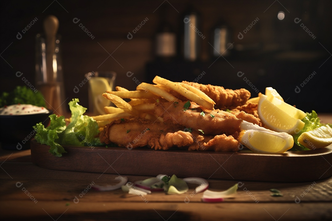 Tiras de peixe frito crocante com batatas fritas na mesa de madeira rústica
