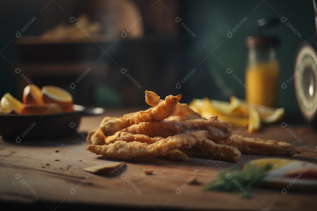 Tiras de peixe frito crocante com batatas fritas na mesa de madeira rústica