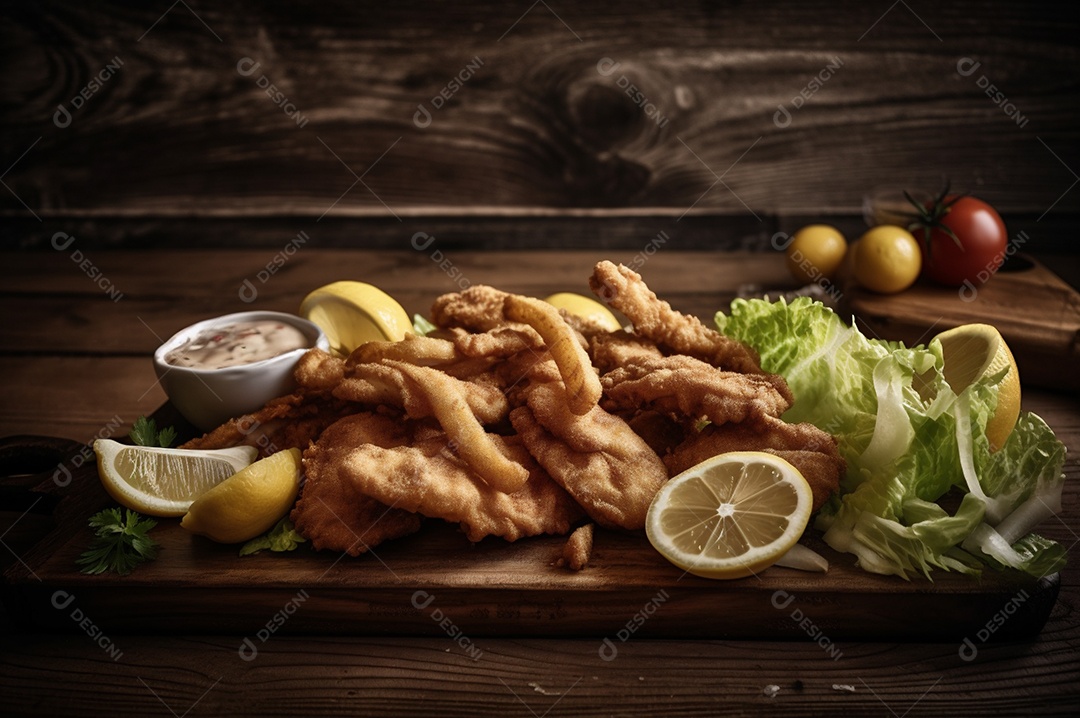 Tiras de peixe frito crocante com batatas fritas na mesa de madeira rústica