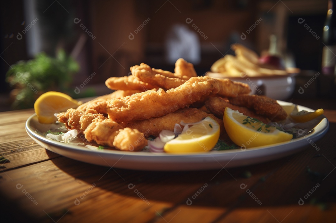 Tiras de peixe frito crocante com batatas fritas na mesa de madeira rústica