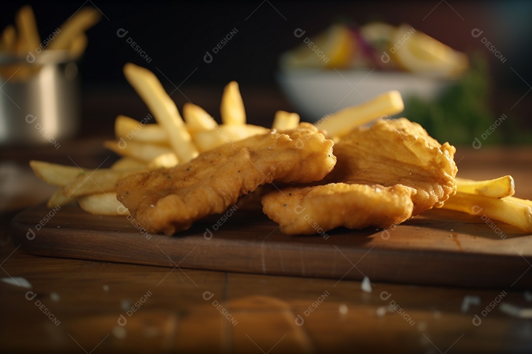 Tiras de peixe frito crocante com batatas fritas na mesa de madeira rústica