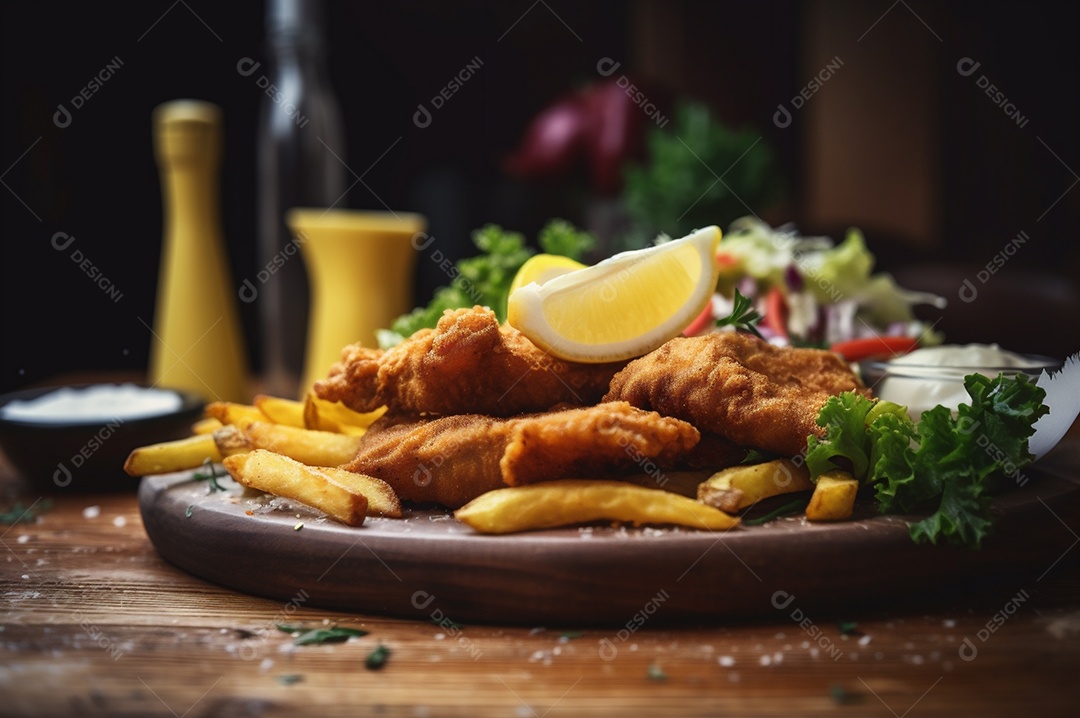 Tiras de peixe frito crocante com batatas fritas na mesa de madeira rústica