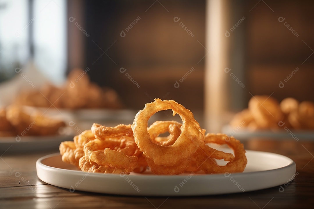 Porção de anéis de cebola fritos crocantes na mesa de madeira rústica.
