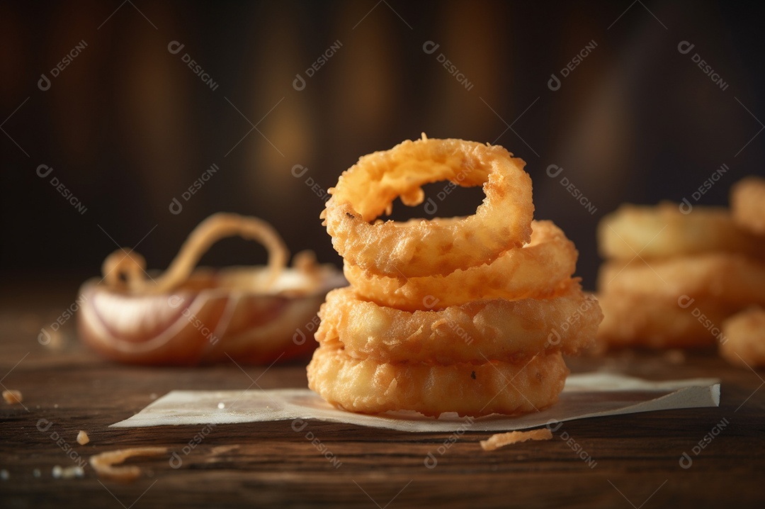 Porção de anéis de cebola fritos crocantes na mesa de madeira rústica.