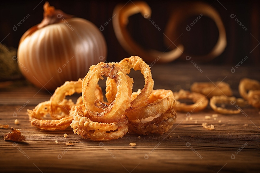 Porção de anéis de cebola fritos crocantes na mesa de madeira rústica.