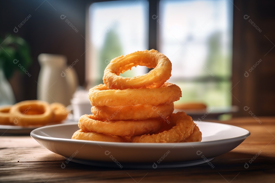 Porção de anéis de cebola fritos crocantes na mesa de madeira rústica.