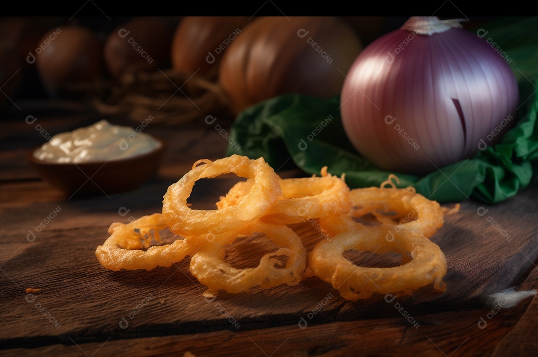 Porção de anéis de cebola fritos crocantes na mesa de madeira rústica.
