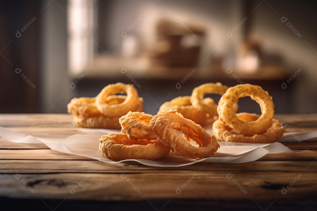 Porção de anéis de cebola fritos crocantes na mesa de madeira rústica.