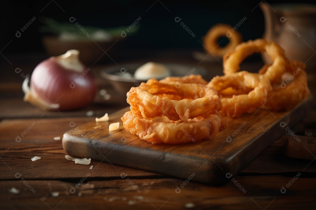 Porção de anéis de cebola fritos crocantes na mesa de madeira rústica.