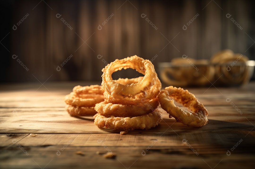 Porção de anéis de cebola fritos crocantes na mesa de madeira rústica.