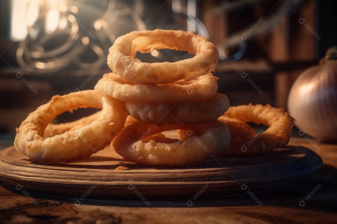 Porção de anéis de cebola fritos crocantes na mesa de madeira rústica.