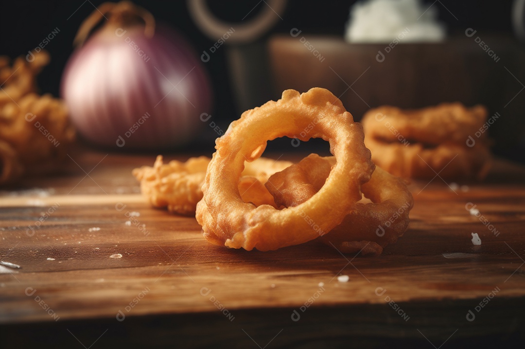 Porção de anéis de cebola fritos crocantes na mesa de madeira rústica.