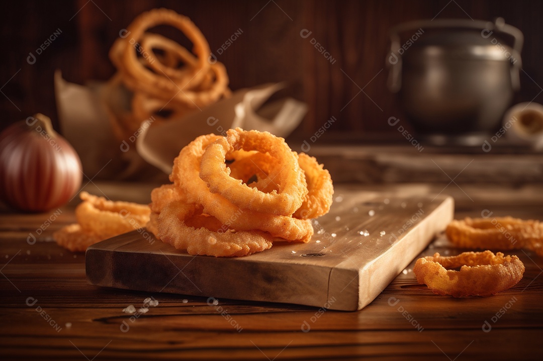Porção de anéis de cebola fritos crocantes na mesa de madeira rústica.