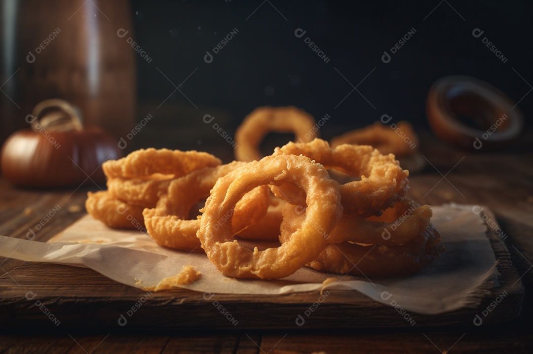 Porção de anéis de cebola fritos crocantes na mesa de madeira rústica.