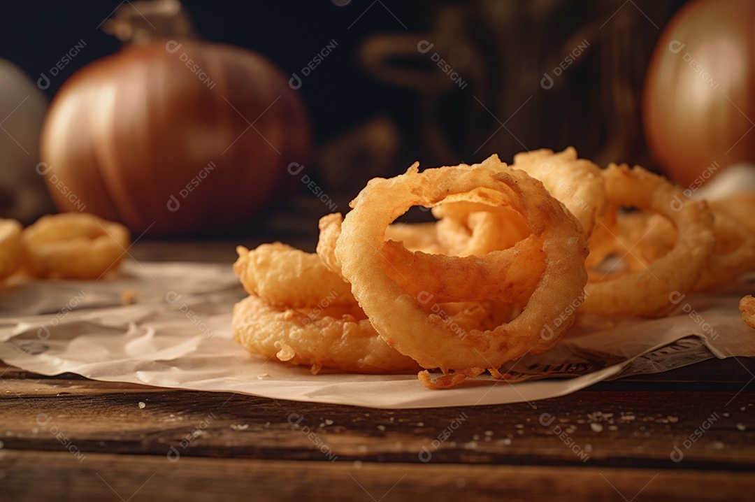 Porção de anéis de cebola fritos crocantes na mesa de madeira rústica.