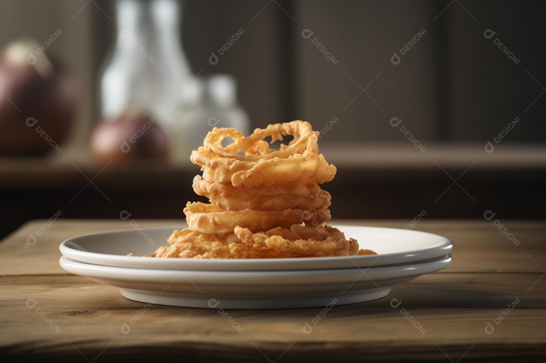 Porção de anéis de cebola fritos crocantes na mesa de madeira rústica.