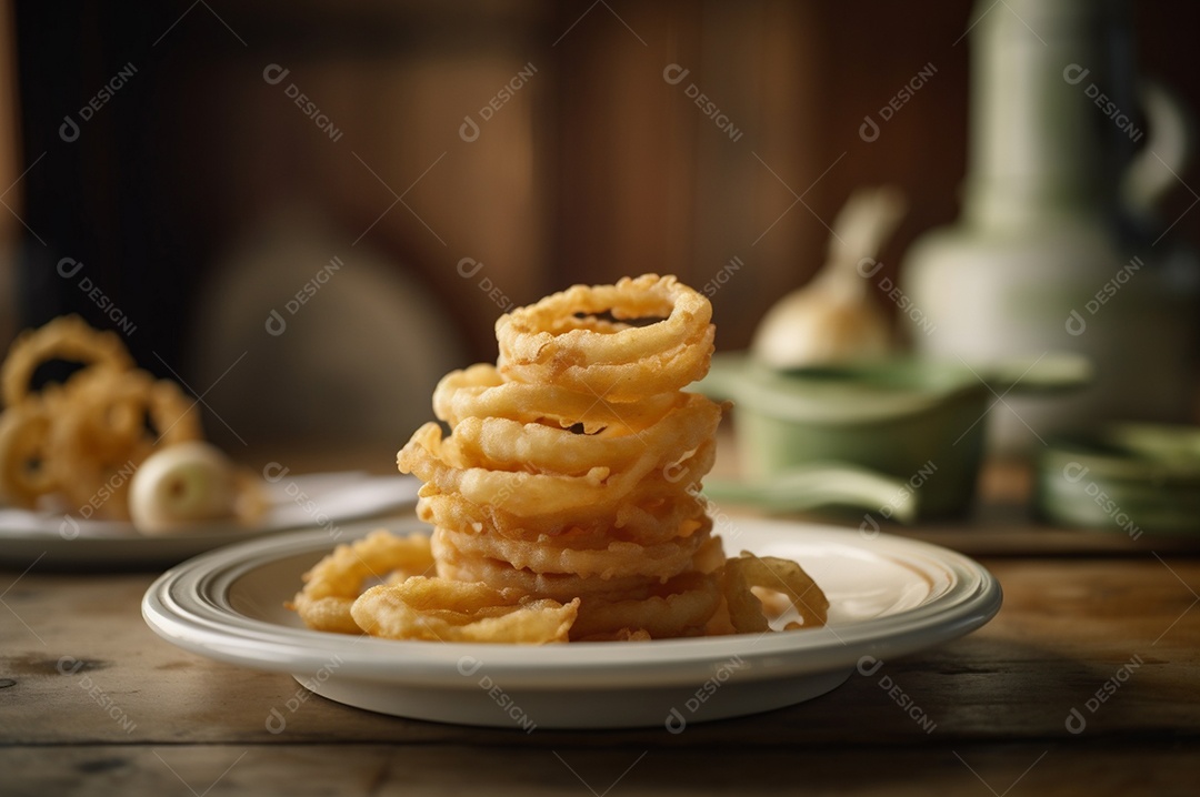 Porção de anéis de cebola fritos crocantes na mesa de madeira rústica.