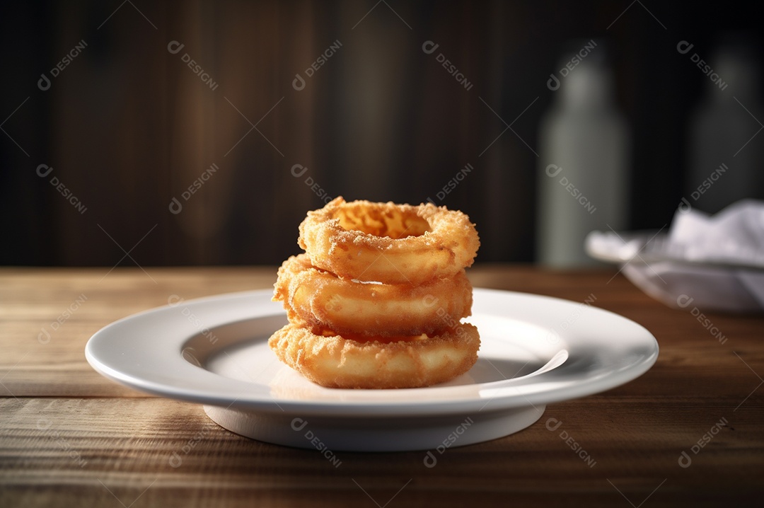 Porção de anéis de cebola fritos crocantes na mesa de madeira rústica.
