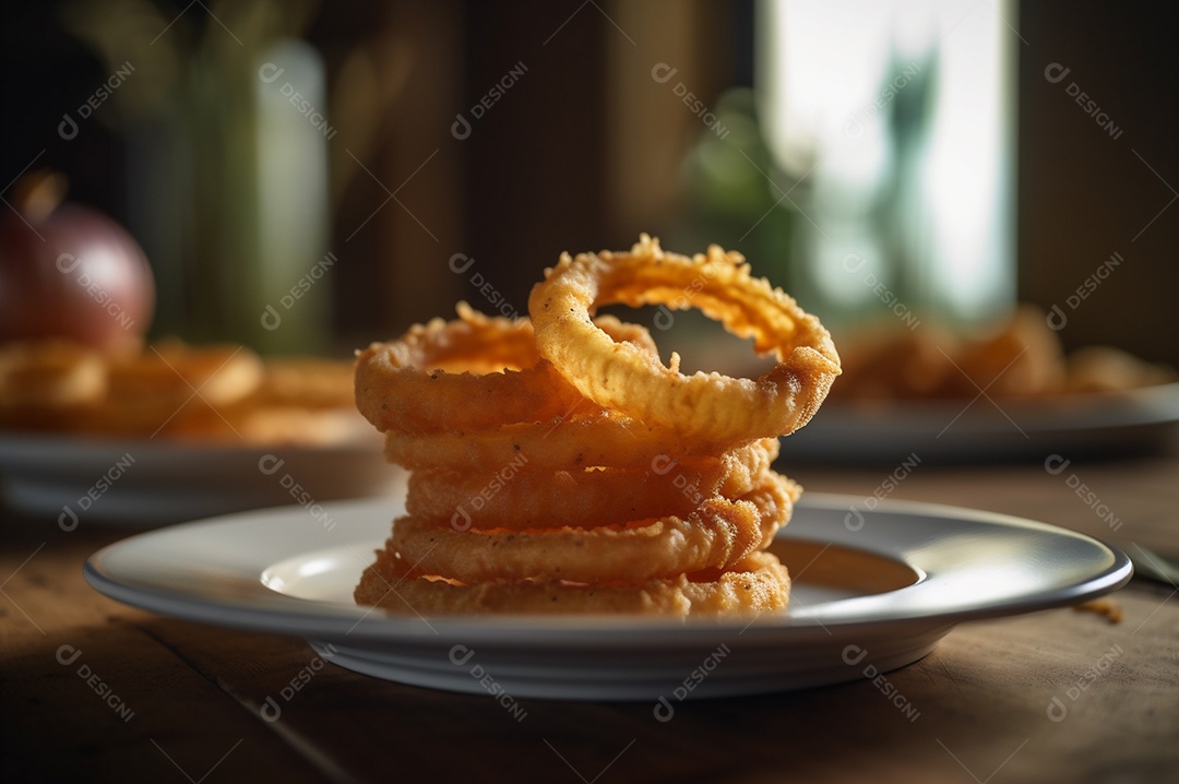 Porção de anéis de cebola fritos crocantes na mesa de madeira rústica.