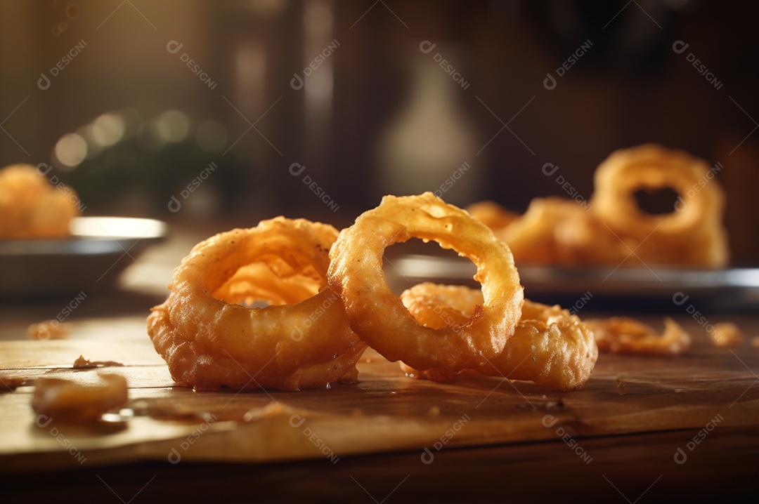 Porção de anéis de cebola fritos crocantes na mesa de madeira rústica.