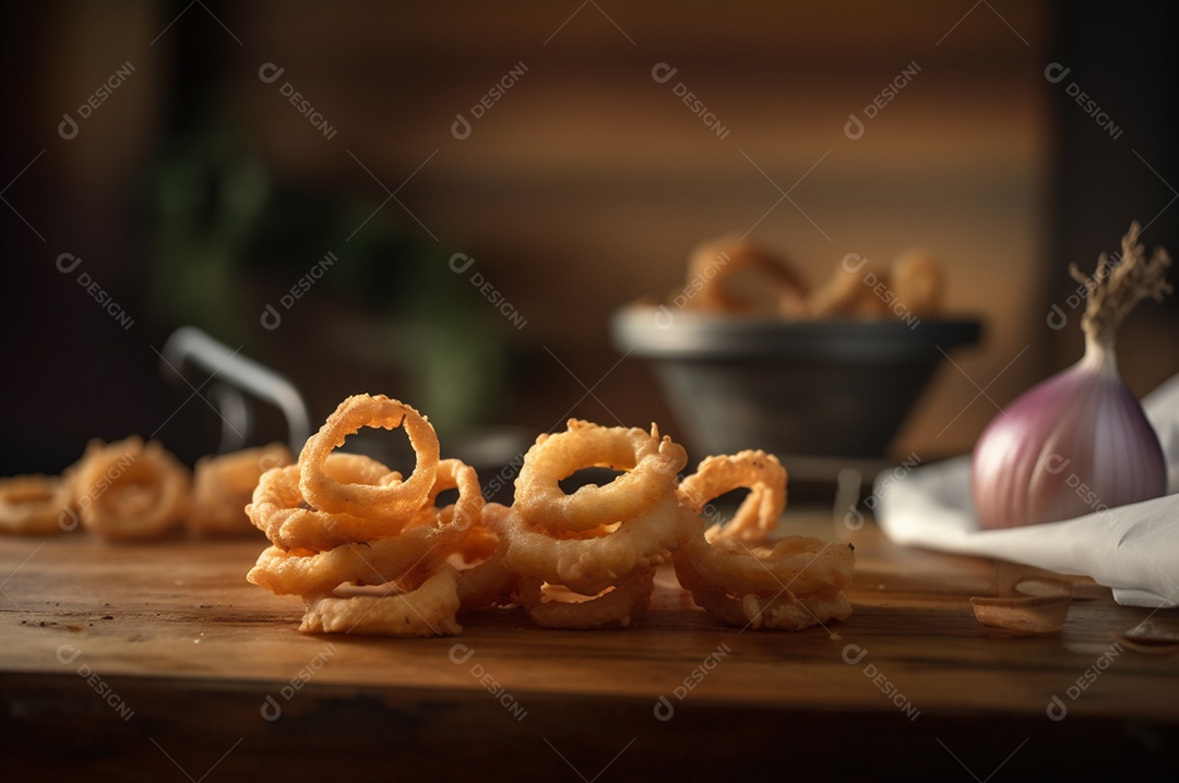 Porção de anéis de cebola fritos crocantes na mesa de madeira rústica.